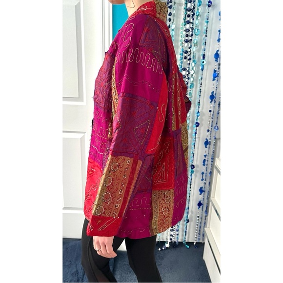 Vintage Silk-Feel Textured with Beads & Sequins Blazer – Patchwork Statement - Picture 3 of 12